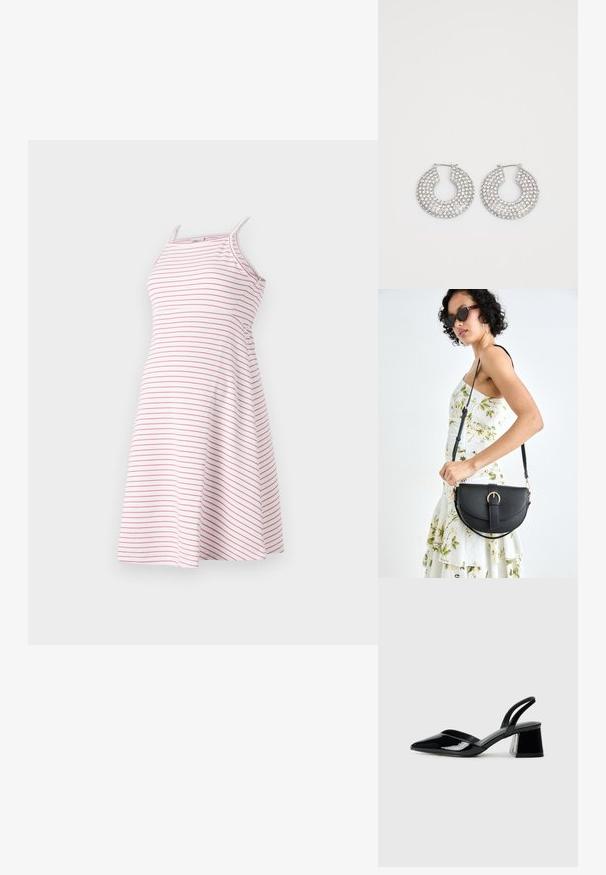 Pruhované šaty s tenkými ramienkami, vyrobené z ľahkého materiálu, s horizontálnymi ružovými pruhmi na bielom pozadí a so sukňou v rozšírenom strihu.; Čierne lakované kožené sandálové podpätky s špicatou špičkou a geometrickým blokovým podpätkom. Disponujú elegantným, minimalistickým dizajnom a hladkým povrchom.; Čierna kožená kabelka s zaobleným tvarom, odnímateľným popruhom a zlatými doplnkami. Kabelka má klopu s detailom s prackou.; Strieborné kruhové náušnice zdobené viacerými čírymi kryštálmi, s textúrovaným povrchom a otvoreným kruhovým dizajnom.