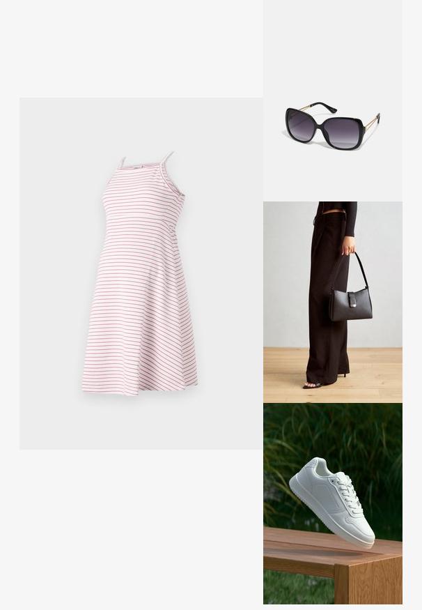 Rochie stripată cu bretele subțiri, realizată dintr-un material ușor, cu dungi orizontale roz pe un fundal alb, design cu fustă evazată.; Sneaker alb cu un upper sintetic neted, cu vârf perforat, șireturi plate și o talpă texturată, expus pe o suprafață de lemn.; Ochelari de soare negri, supradimensionați, cu lentile degradate, rame groase și detalii cu lanț de ton auriu pe brațele templului.; Genți negre cu o formă structurată, textură netedă și un închizător metalic. Asortată cu pantaloni negri largi și sandale cu vârf deschis pe un podea din lemn.