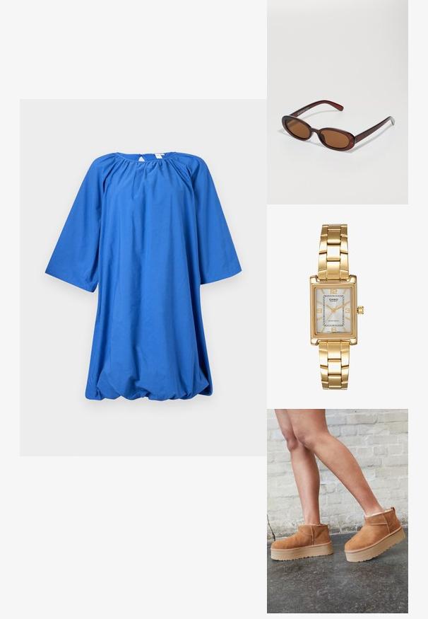 Īsām piedurknēm, zila kokvilnas kleita ar apaļu dekoltē, savāktām auduma detaļām un brīvu siluetu. Apakšā ir noapaļots apmale.; Brūni zamšāda potītes zābaki ar mīkstu oderi, biezu bēša krāsas platformas zoli un aizmugurē esošu cilpu. Tekstūrēta virsma ar redzamām šuvēm.; Apaļas, brūnīgi nokrāsotas saulesbrilles ar spīdīgu bordo rāmīti. Šauri kāti ar diskrētu zīmola detaļu. Plakana objektīva dizains.; Zelta tonis taisnstūra rokas pulkstenis ar balto ciparnīcu, sudraba tonis stundu rādītājiem un izturīgu metāla saiti. Iekļauta ūdens izturība.