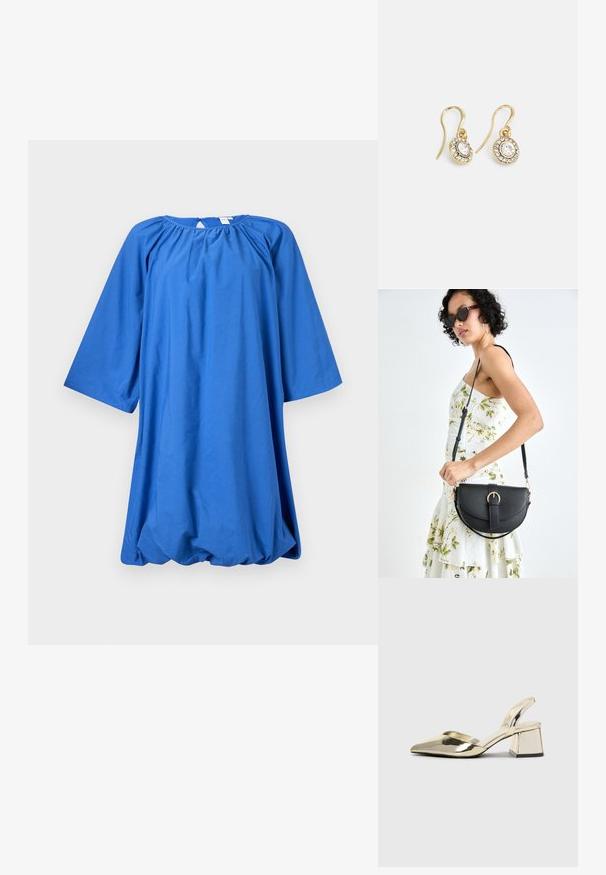 Īsām piedurknēm, zila kokvilnas kleita ar apaļu dekoltē, savāktām auduma detaļām un brīvu siluetu. Apakšā ir noapaļots apmale.; Zeltaini, metāla kurpes ar siksniņām, norakans purngalis un masīla papēdis. Gluda tekstūra, minimālisma dizains un šaura siksna.; Melnas ādas rokassoma ar izliekta formu, noņemamu siksnu un zelta aksesuāriem. Somai ir vāciņš ar sprādzes detaļu.; Zelta tonī veidotas auskaru piekariņi ar ovālu izgriezumu caurspīdīgām kristālēm, kuras ieskauj mazākas caurspīdīgas akmeņu daļiņas, ar āķveida dizainu drošai valkāšanai.