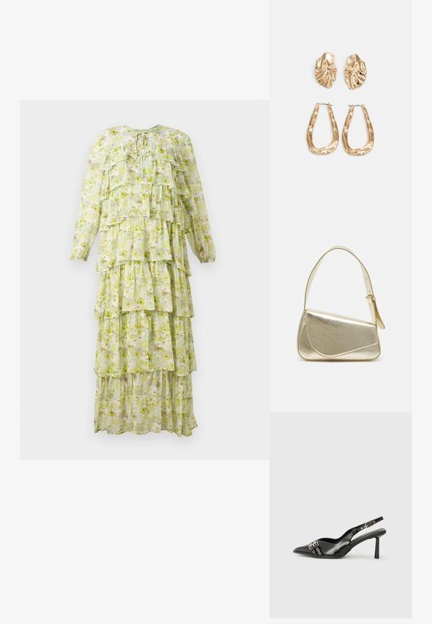 Réteges maxi ruha könnyű anyagból, zöld és sárga árnyalatú virágmintákkal, hosszú ujjakkal és kerek nyakkivágással.; Fekete lakk bőr, hegyes orrú slingback cipő, boka pántokkal, ezüst csatokkal és hardverelemekkel, valamint karcsú sarkú.; Arany fémes kézi táska, strukturált dizájnnal, sima felülettel és állítható pánttal. Egyedi háromszög alakú, minimalistának mondható varrásokkal rendelkezik.; Aranyszínű fülbevalók, texturált, hullámos formákkal. Tartalmazza a szobrászati klipszes studokat és az open hoop kialakítást, kalapácsos felülettel.