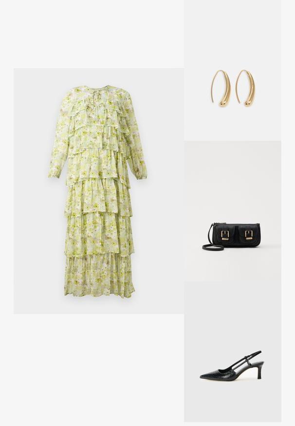 Maxi haljina s višeslojnim krojem od lagane tkanine, ukrašena cvjetnim uzorcima u nijansama zelene i žute, dugim rukavima i okruglim izrezom.; Crne lakirane slingback pete s oštrim vrhom, s teksturiranim uzorkom zmijske kože, podesivom remenom i kratkom, teksturiranom blok-petom.; Crna kožna torba preko ramena s dva prednja džepa, zlatnim kopčama, zatvaranjem na zip i uskim remenom. Teksturirana površina i kompaktan pravokutan oblik.; Zlatne metalne naušnice u obliku obruča s zakrivljenim, izduženim oblikom. Imaju glatku, sjajnu površinu i zaobljeni vrh za dodatni detalj.
