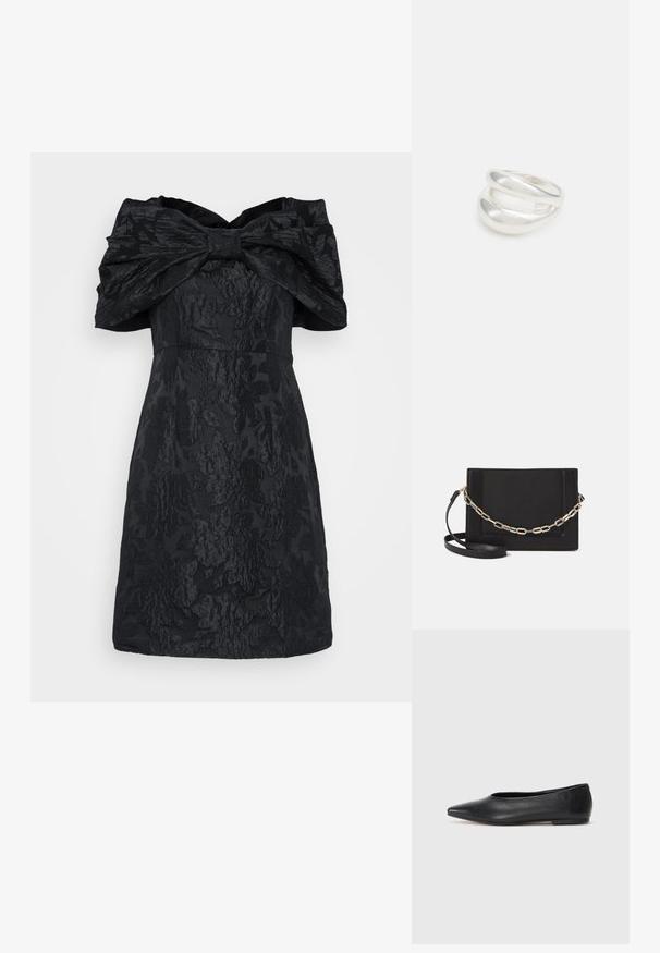 Juoda suknelė su tekstūruotu gėlėtų raštų, bepečių dizainu ir dideliu kaspinu prie kaklo. Trumpa ilgio.; Juodas odinis baleto batas, su smailiu pirštu, minimalistinio dizaino, lygiu paviršiumi, žemo profilio kulnu, be matomos aparatūros ar papuošimų.; Juodas odinis per petį nešiojamas krepšys turi lygų paviršių, stačiakampio formą ir metalinę grandinėlę priekyje. Pridedama reguliuojama dirželis.; Sidabrinis dvigubas žiedas su lygiu, poliruotu paviršiumi. Pasižymi sklandžiu, kreiptu dizainu su persipinančiomis dalimis, suteikiančiomis modernų išvaizdą.