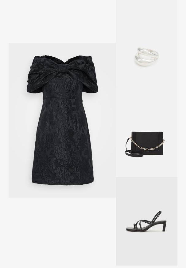 Melns kleita ar rakstainu ziedu motīvu, bez plecu izgriezuma un lielu loku detalizācijām ap kaklu. Īsa garuma.; Melnas strappy sandales ar kvadrātveida purngaliem un zemu bloku papēdi. Ievērojamas ar vairākiem plāniem siksniņām un regulējamu potītes siksniņu. Izgatavotas no gludas ādas.; Melna ādas crossbody soma ar gludu faktūru, taisnstūrveida formu un metalizētu ķēdes detaļu priekšā. Iekļauta regulējama siksna.; Sudraba divu joslu gredzens ar gludu, pulētu virsmu. Iezīmējas ar plūstošu, izliekta dizaina struktūru ar pārklājošām sekcijām modernam izskatam.