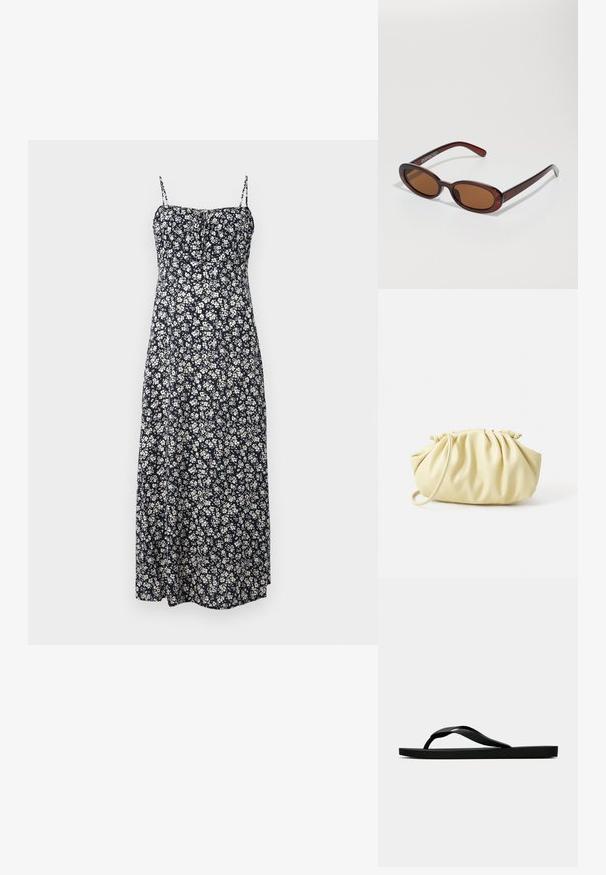 Abito maxi floreale navy con spalline regolabili, caratterizzato da un motivo di fiori bianchi, un corpetto aderente e un orlo fluente.; Infradito in gomma nera con cinturino testurizzato e suola piatta semplice, mostrati di lato su uno sfondo chiaro e uniforme.; Occhiali da sole rotondi con tonalità marrone, montatura lucida color bordeaux. Aste sottili con un sottile dettaglio del marchio. Design delle lenti piatte.; Borsa plissettata gialla in morbida pelle ecologica, con una forma morbida, una sola tracolla e un design superiore arricciato.
