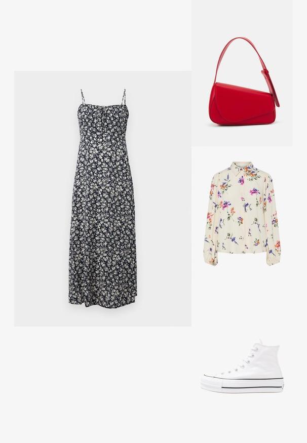 Mornarska cvjetna maksi haljina s podesivim tanke naramenicama, koja ima bijele cvjetne uzorke, prianjajući bodice i lepršavi rub.; Cvetna bluzica z dolgimi puff rokavi, svetlo smetanaste barve, s purpurnimi, oranžnimi in zelenimi cvetličnimi vzorci ter klasičnim ovratnikom.; Beli visoki platneni športni čevelj z črnim gumijastim podplatom, sprednjim gumijastim zaščitnikom za prste in šestimi luknjicami za vezalke, ki se ponaša s preprostim, minimalističnim dizajnom.; Rdeča usnjena torba z angularnim, geometrijskim dizajnom. Ima en samostoječ nastavljiv ročaj in pokrov, zaprt z zapiranjem, ki je okrašen s šivi.