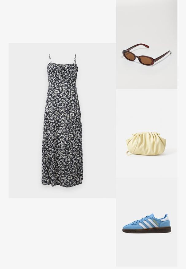 Marineblauwe maxi-jurk met verstelbare spaghetti-bandjes, voorzien van witte bloempatronen, een aansluitende torso en een vloeiende zoom.; Lichtblauwe suède sneakers met witte leren strepen, een bruine textuurzool en gouden logo-detail. Laag ontwerp met een ronde neus.; Ronde, bruin getinte zonnebril met een glanzend bordeauxrood frame. Slanke pootjes met subtiele merkdetails. Vlakke lensontwerp.; Geel geplooide handtas van soepel nepleer, met een zachte vorm, een enkele schouderriem en een verzameld ontwerp aan de bovenkant.