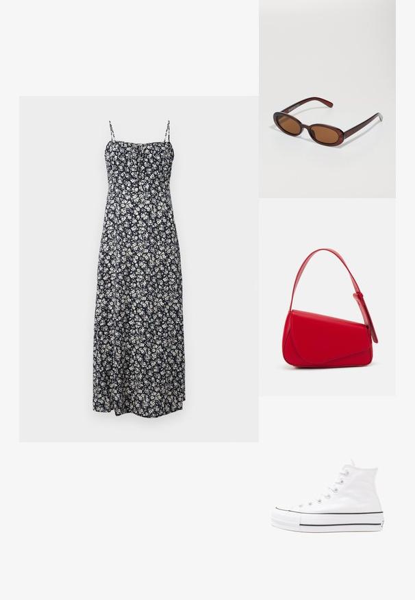 Granatowa sukienka maxi w kwiaty z regulowanymi ramiączkami spaghetti, z białymi wzorami kwiatowymi, dopasowaną talią i zwiewnym dołem.; Białe wysokie trampki z płótna z czarną gumową podeszwą, przednim czubkiem z gumy i sześcioma dziurkami na sznurowadła, charakteryzujące się prostym, minimalistycznym designem.; Okrągłe, brązowe okulary przeciwsłoneczne z błyszczącą bordową oprawą. Cienkie ramiona z subtelnym detalem marki. Płaski kształt soczewek.; Czerwona skórzana torebka o kanciastym, geometrycznym designie. Posiada jedną regulowaną rączkę oraz zapięcie na klapę z przeszyciami.