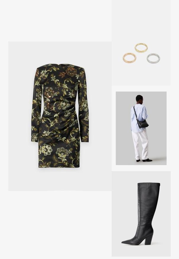 Černé šaty s dlouhým rukávem, zdobené květinovým vzorem v zlaté a zelené barvě, vyrobené z hladké látky s řaseným detailem v pase.; Černá kožená vysoká bota po kolena s špičatou špičkou a robustním vysokým podpatkem, zobrazená v levém bočním profilu na bílém pozadí.; Černá kožená kabelka přes rameno s jemnou texturou, trojúhelníkovým tvarem a nastavitelným popruhem, v kombinaci se světle modrou pruhovanou košilí a bílými kalhotami.; Tři kovové prsteny: jeden růžově zlatý, jeden zlatý s texturovanými detaily a jeden stříbrný, všechny s vyrytým brandingem na vnitřním boku.