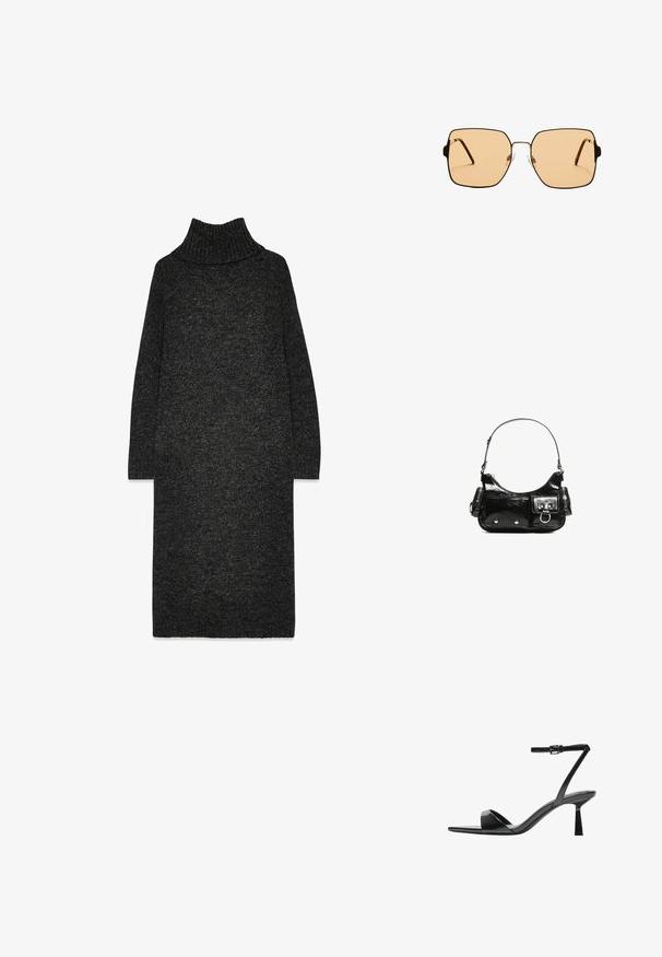 Donkergrijze gebreide coltrui-jurk met een ontspannen pasvorm, lange mouwen en een gestructureerde afwerking. Voorzien van een geribbelde kraag en zoom.; Bershka Sandalen met hoge hak - black; Vierkante zonnebril met bruine lenzen en een dun zwart metalen frame. Beschikt over schuine pootjes en verstelbare neuspads voor comfort.; Zwarte laarzen in lakleer met een gebogen vorm, één schouderband, voorvakken en accenten in zilverkleurig metaal.