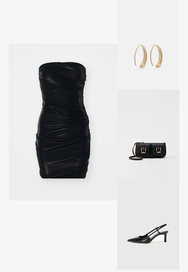 Crna haljina bez naramenica s pripijenim dizajnom, izrađena od glatkog, sjajnog materijala. Sadrži nabiranu teksturu i naborane detalje kroz cijelu haljinu.; Crne lakirane slingback pete s oštrim vrhom, s teksturiranim uzorkom zmijske kože, podesivom remenom i kratkom, teksturiranom blok-petom.; Crna kožna torba preko ramena s dva prednja džepa, zlatnim kopčama, zatvaranjem na zip i uskim remenom. Teksturirana površina i kompaktan pravokutan oblik.; Zlatne metalne naušnice u obliku obruča s zakrivljenim, izduženim oblikom. Imaju glatku, sjajnu površinu i zaobljeni vrh za dodatni detalj.