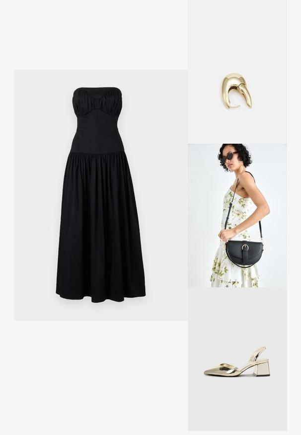 Svart strapless maxiklänning med figurnära liv och rynkad kjol. Tillverkad av ett slätt tyg, med en hjärtformad halsringning och rynkade detaljer.; Guld, metalliska slingback-klackar med spetsig tå och chunky klack. Slät textur, minimalistisk design och en smal rem.; Svart läderhandväska med en böjd form, avtagbar rem och guldiga detaljer. Väskan har ett lock med en spänndetalj.; Örhänge i guldtonad metall med en elegant, böjd design. Har en distinkt spetsig form, polerad yta och gångjärnslås.
