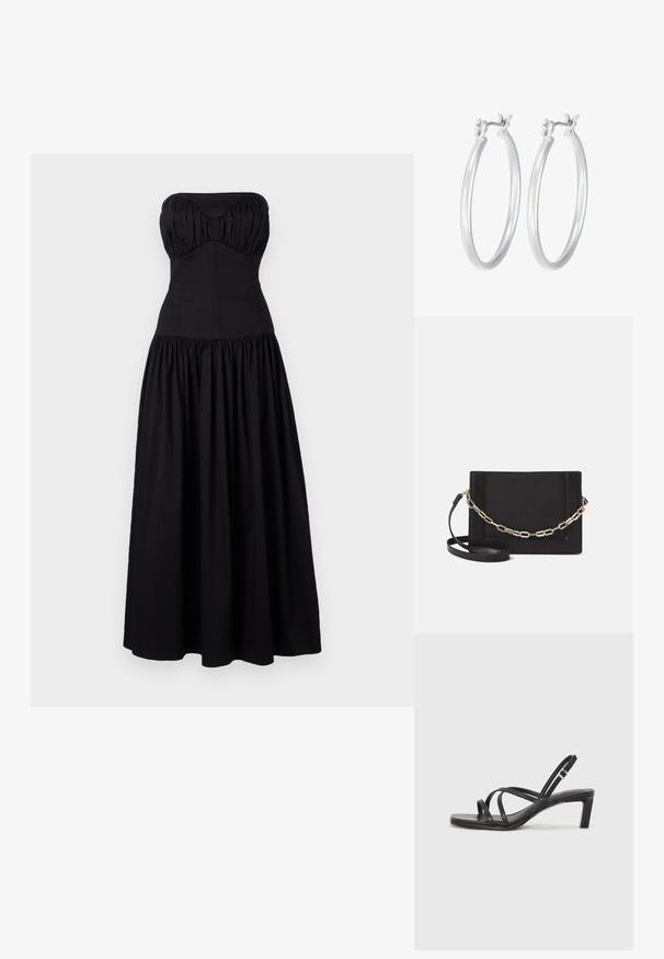 Čierne dlhé šaty bez ramienok s priliehavým telom a naberanou sukňou. Vyrobené z hladkej látky, s láskyplným výstrihom a nariasenými detailmi.; Čierne sandále na vysokom podpätku so štvorcovou špičkou a nízkym blokovým podpätkom. Obsahujú viacero tenkých popruhov a nastaviteľný členkový popruh. Vyrobené z hladkej kože.; Čierna kožená crossbody taška s hladkou textúrou, obdĺžnikovým tvarom a kovovým reťazovým detailom na prednej strane. Súčasťou je nastaviteľný popruh.; Strieborné kruhové náušnice s hladkým, lesklým povrchom. Kolový tvar a bezpečné klikanie na uzatváranie. Ľahký dizajn vhodný na každodenné nosenie.