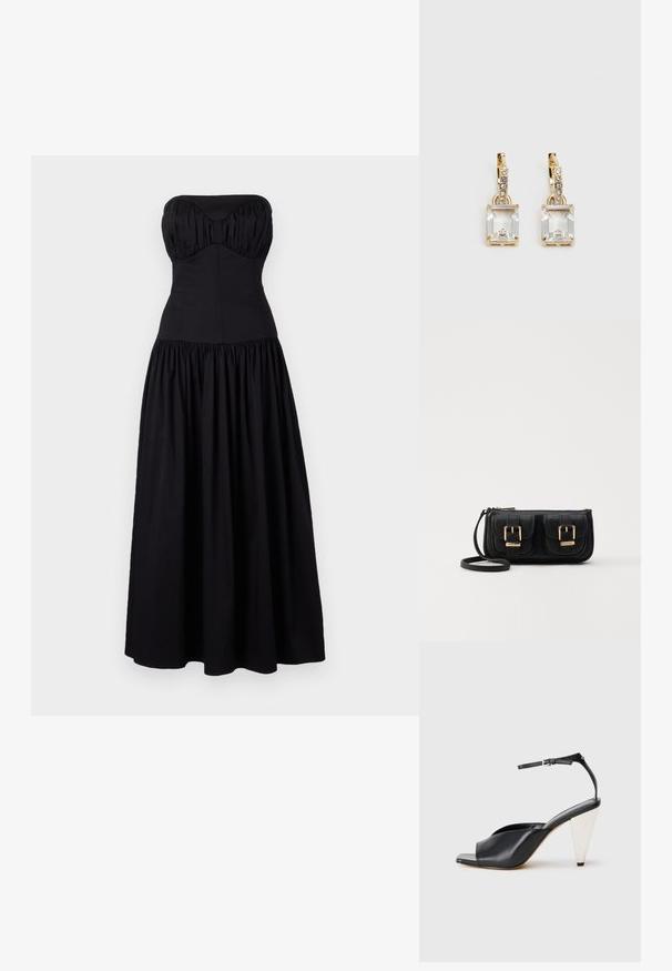 Fekete, pánt nélküli maxi ruha, illeszkedő felső résszel és redős szoknyával. Simább anyagból készült, édes szív alakú kivágással és redőzött részletekkel.; Fekete bőr magassarkú szandál nyitott orral, aszimmetrikus dizájnnal, bokapánttal és fémes kúpos sarokkal. Az anyag sima textúrájú.; Fekete bőr keresztbody táska két elülső zsebbel, arany csattokkal, cipzáras záródással és vékony pánttal. Textúrált felület és kompakt téglalap alak.; Aranyszínű fülbevalók, melyek egy téglalap alakú, tiszta kristállyal díszítették, ami egy sor kis, kerek, tiszta kiegészítő alatt lóg. Letisztult, modern dizájn.