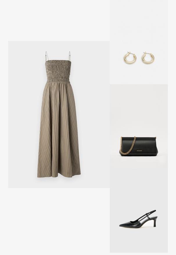 Bezpieku midi kleita ar smalko krūšu daļu, izgatavota no teksturēta auduma olīvzaļā krāsā ar vertikālām baltām svītrām, ar plūstošu svārku.; Melna patent āda ar slīdošo papēdi un smailo purngalu, ar teksturētu čūsku drukājumu, regulējamu siksniņu un īsu teksturētu blokpapēdi.; Melns ādas apliecības soma ar zelta ķēdes siksnu, ar gludu tekstūru, taisnstūra formu un izspiestu zīmolu uz priekšpuses.; Lauren Ralph Lauren BASIC SMALL HOOP - Auskari - gold-coloured