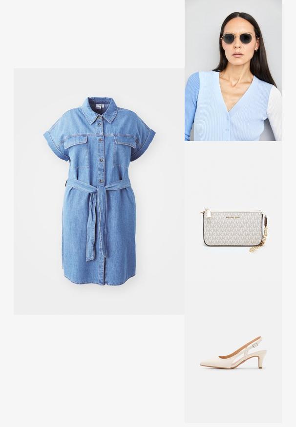 Farmering ingruha rövid ujjakkal, gombos elülső résszel, két mellzsebbel és megkötős derékpánttal; egyenes szabású és közepes hosszúságú.; Fehér slingback sarok, hegyes orral, sima felső anyaggal, alacsony blokk sarkával és oldalsó kivágott dizájnnal, állítható csatpánttal.; Kerek napszemüveg sötét lencsékkel és arany kerettel. A modellen világoskék, bordázott kardigán van gombokkal és kontrasztos fehér ujjaival.; Michael Kors bézs bevonatos vászon karkötő, amely ismétlődő MK logó mintával, aranyszínű fémrészletekkel és levehető lánchordóval rendelkezik.