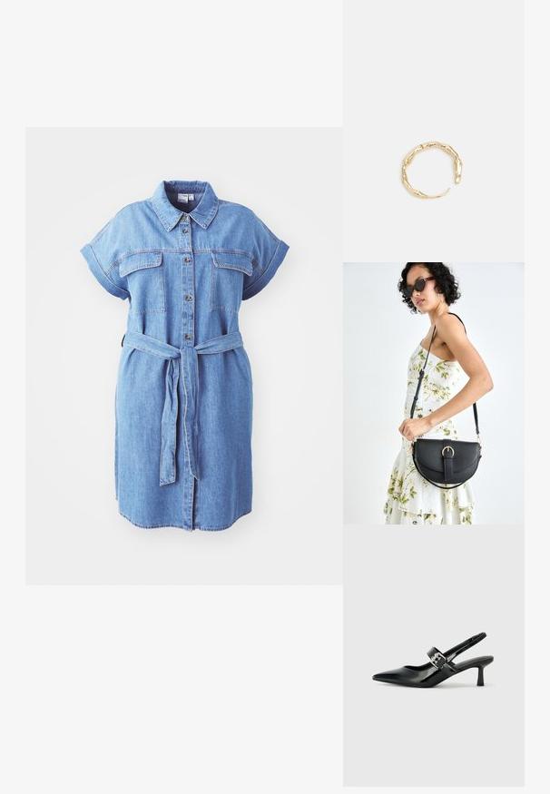 Denim srajčna obleka s kratkimi rokavi, zapenjanjem spredaj, dvema žepoma na prsih in pasom, ki se zaveže; ima raven kroj in srednjo dolžino.; Črne patent usnjene slingback pete s koničastim nosom in majhnim blok peto, ki vključujejo srebrno zaponko na traku.; Črna usnjena torbica s ukrivljeno obliko, z odstranljivo naramnico in zlatimi dodatki. Torbica ima pokrov s podrobnostmi v obliki zaponke.; Zlati prstan s organskim, zvitim dizajnom, gladko površino in taperiranimi konci, ki ustvarja modernega, skulpturalnega videza.