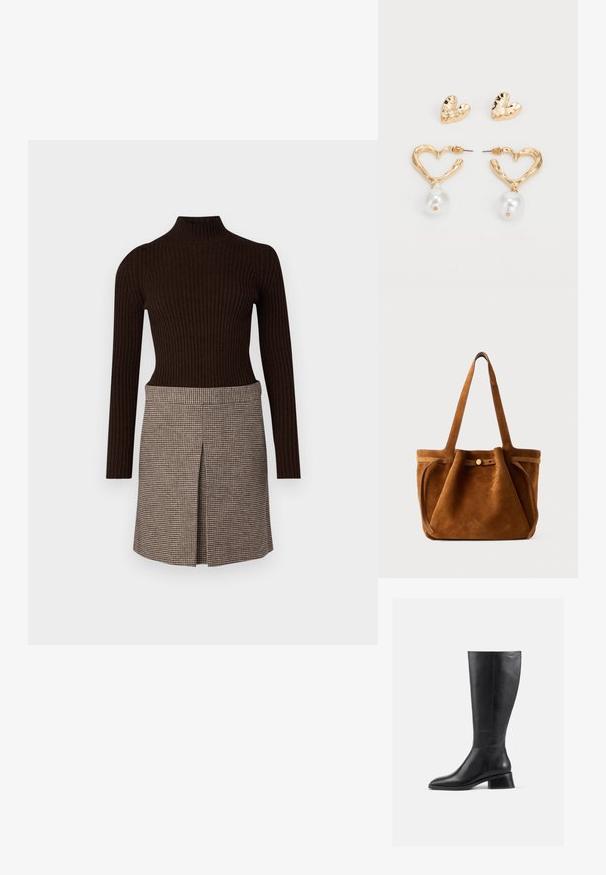 Braun gerippter Rollkragenpullover kombiniert mit einem karierten Rock mit Falten, beide aus weichem, strukturiertem Stoff.; Schwarze Lederstiefel bis zur Knee mit abgerundeter Spitze und niedrigem Blockabsatz. Verfügt über eine glatte Oberfläche und minimale Nahtdetails.; Braune Wildleder-Umhängetasche mit zwei Griffen, einem Knopfverschlussriemen und einer entspannten, leicht schlaffen Form.; Herzförmige Ohrringe in Goldton mit strukturierter Oberfläche, mit einem hängenden Perlenakzent. Einschließlich passender Herz-Stiftohrringe.