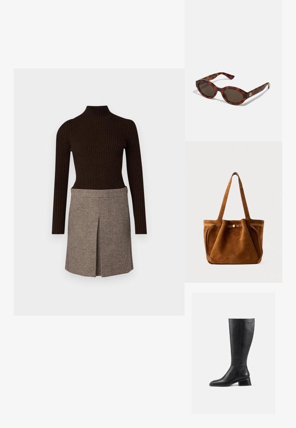 Braun gerippter Rollkragenpullover kombiniert mit einem karierten Rock mit Falten, beide aus weichem, strukturiertem Stoff.; Schwarze Lederstiefel bis zur Knee mit abgerundeter Spitze und niedrigem Blockabsatz. Verfügt über eine glatte Oberfläche und minimale Nahtdetails.; Schildpatt-Sonnenbrillen mit runden Rahmen, dunklen Gläsern und goldfarbener Logodetailierung an den Schläfen. Glattes Kunststoffmaterial, keine sichtbaren Muster.; Braune Wildleder-Umhängetasche mit zwei Griffen, einem Knopfverschlussriemen und einer entspannten, leicht schlaffen Form.