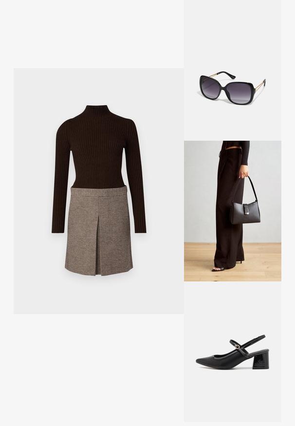 Hnedý rebrovaný rolák skombinovaný s károvanou sukňou so záhybom, obe vyrobené z mäkkej, štruktúrovanej tkaniny.; Čierne lakované kožené lodičky so slingback dizajnom, špicatou špičkou, zaobleným výrezom a blokovým podpätkom. Obsahuje akcent zlatého tónu s prackou.; Čierne oversized slnečné okuliare s gradientovými sklíčkami, hrubými rámami a zlatým retiazkovým detailom na stranách.; Čierna kabelka so štruktúrovaným tvarom, hladkou textúrou a kovovou sponou. V kombinácii so širokými čiernymi nohavicami a sandálmi s otvorenou špičkou na drevenej podlahe.