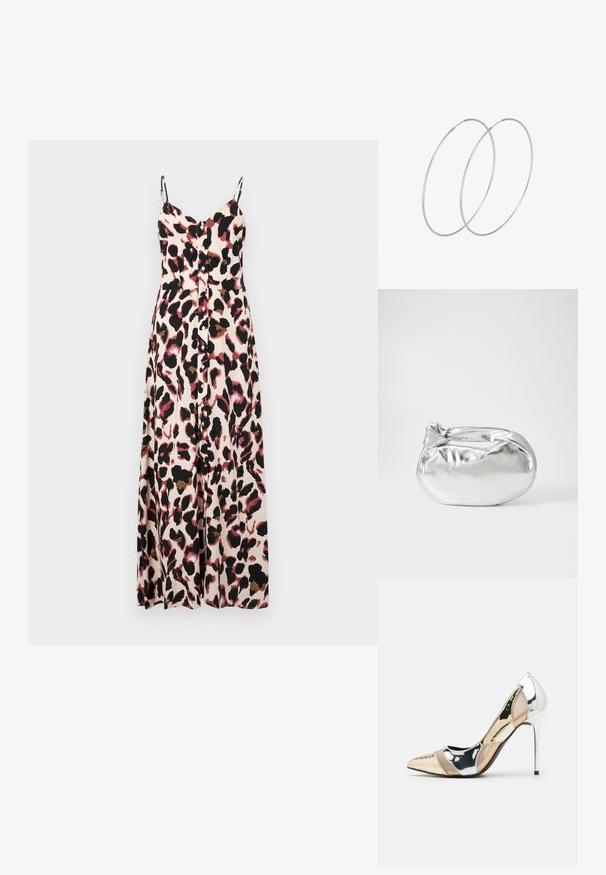 Maxiklänning med tunna axelband, med ett mönster av rosa och svart djurmönster. Tillverkad av lätt material, har den en avslappnad passform och knappdetaljer.; Spetsig tå högklackad sko med en färgpalett av silver, guld och nude. Glansig yta med utskärningsdesign, utrustad med en stilettklack.; Silverfärgad metallisk påse med en mjuk, rundad form och en knutstängning upptill. Tillverkad av ett mjukt material i konstläder.; Silverfärgade hoopörhängen med en minimalistisk design. Cirkulär form, slät yta och tunn profil. Lätta med en polerad finish.