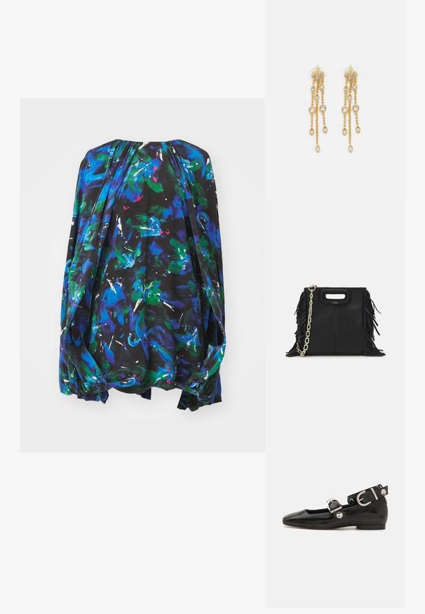 Plūstoša melna blūze ar spilgti abstraktiem ziedu rakstiem zilos, zaļos un baltos toņos. Apaļš izgriezums ar savelkošu detaļu un brīvām piedurknēm.; Melnas laika patenta ādas dzīvokļu kurpes ar kvadrātu purngalu, potītes siksna ar sudraba furnitūru un platu zoli. Gluda tekstūra ar minimālu dizainu.; Melna ādas rokassoma ar frizūras detaļām, zelta ķēdes plecu siksnu un izgrieztu rokturi. Ir logotipa novietojums priekšpusē.; Zelta tonī auskari ar vairākiem kaskādes ķēdēm, kas rotāti ar caurspīdīgiem ovāliem rhinestone akcentiem un dekoratīvām pīrsingiem.