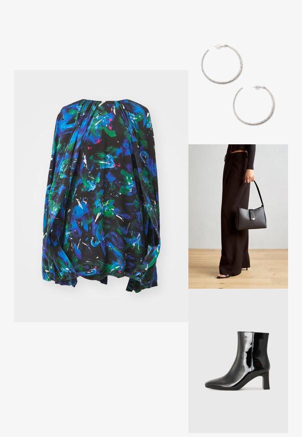 Välsittande svart blus med livfulla abstrakta blommönster i blått, grönt och vitt. Rundad halsringning med gatherdetaljer och lösa ärmar.; Musta patenttilakattu nilkkuri, jossa on terävä kärki ja keskipitkä lohkarekorko. Silkkinen pinta ja minimalistinen muotoilu.; Musta käsilaukku, jossa on rakenteellinen muoto, sileä pinta ja metallinen solki. Yhdistetty leveisiin mustiin housuihin ja avonaiheisiin sandaaleihin puulattialla.; Punosilveriset korvaketjut, joissa on teksturoitu pinta. Vankka takanakki sulkija, jossa on pieni, sylinterimäinen aksentti.