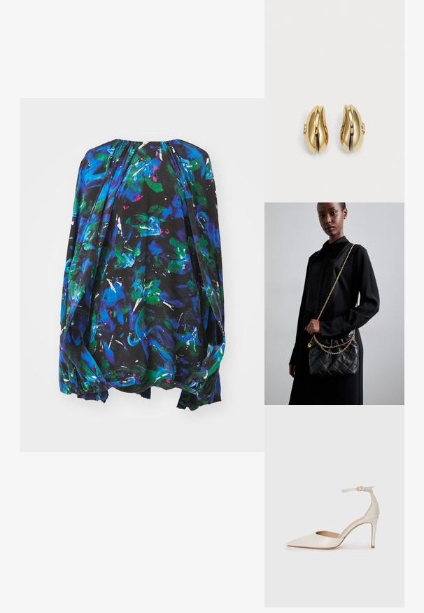 Vzdušná černá blůza s živými abstraktními květinovými vzory v modré, zelené a bílé. Kulatý výstřih se shromážděnými detaily a volné rukávy.; Bílé kožené lodičky na vysokém podpatku s špičatou špičkou, kotníkovým páskem a štíhlým jehlovým podpatkem. Hladká textura s mírným lesklým povrchem.; Černá prošívaná kožená kabelka s staženým vrchem, zlatým řetízkovým popruhem a obdélníkovým tvarem, držena před jednoduše pozadím.; Náušnice ve zlatém tónu s plynulým, zakřiveným designem. Každá náušnice má hladký povrch a malý uzávěr s ozdobným detailem.