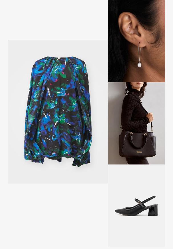 Plati juoda bliuskutė, dekoruota ryškiais abstrakčiais gėlių raštais mėlyna, žalia ir balta spalvomis. Apykaklė su išlenkimu, surinktais detalėmis ir laisvomis rankovėmis.; Juodi patentinio odos slingback aukštakulniai su smailiu pirštu, apvaliu išpjovimu ir blokiniu kulnu. Papuošti auksiniu juostos akcentu.; Juodas rankinės maišelis su struktūrizuota paviršiumi, dvigubais viršutiniais rankenėlėmis ir reguliuojamu peties diržu. Įrengtas aukso spalvos furnitūra ir šoninės kišenės.; Sidabrinė auskarų kilpa su vertikaliu pakabuku, kuriame yra vienas baltas perlas. Dizainas yra švarus, su lygiu, poliruotu paviršiumi.