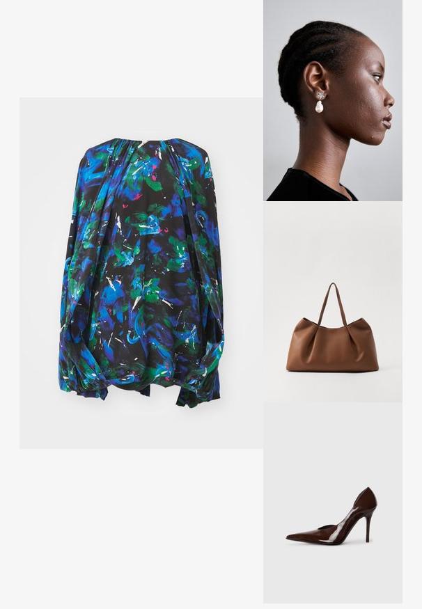 Bluză fluidă neagră, cu modele florale abstracte vibrante în nuanțe de albastru, verde și alb. Decolteu rotund cu detalii plisate și mâneci largi.; Pantofii cu toc înalt din piele lacuită maro, cu vârf ascuțit și marginile decupate, având un toc subțire și un finisaj neted.; Geantă tote din piele maro, cu un design moale și curbat, având o textură pliată și două mânere solide. Accente de cusătură minimalistă.; Tory Burch STAR DROP EARRING - Cercei - silver-coloured