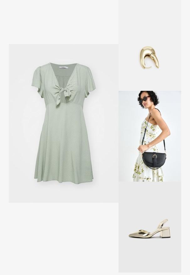 Haljina s kratkim rukavima, A-linije, u svijetlozelenoj boji, s detaljem vezanja sprijeda i teksturiranim materijalom. Lagan silueta, dizajn do koljena.; Zlatni metalik slingback sandali s šiljatim vrhom i debelim potpeticama. Glatka tekstura, minimalistički dizajn i uski remen.; Crna kožna torba s lukovitim oblikom, odvojivim remenom i zlatnim detaljima. Torba ima preklop s kopčom.; Zlatne metalne naušnice s elegantnim, zakrivljenim dizajnom. Imaju karakterističan šiljast oblik, poliranu površinu i zatvaranje na šarku.