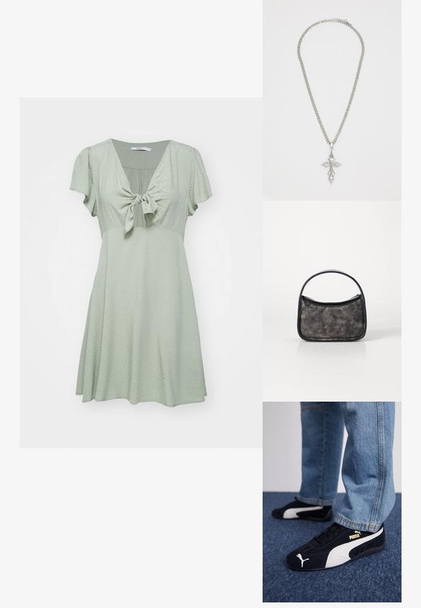 Vestido de manga corta en color verde claro, con detalle de lazo en el frente y tejido texturizado. Silueta fluida y diseño a la altura de la rodilla.; Zapatillas de ante negras con acentos blancos, que presentan un logo dorado. Combinadas con unos jeans de mezclilla azul claro y colocadas sobre una superficie texturizada azul.; Bolso de mano negro texturizado con un asa suave y redondeada. Presenta un diseño elegante y minimalista con un ligero brillo.; Collar de cadena de plata que presenta un gran colgante de cruz ornamentado con acentos afilados y un acabado pulido. La cadena es gruesa y plana.