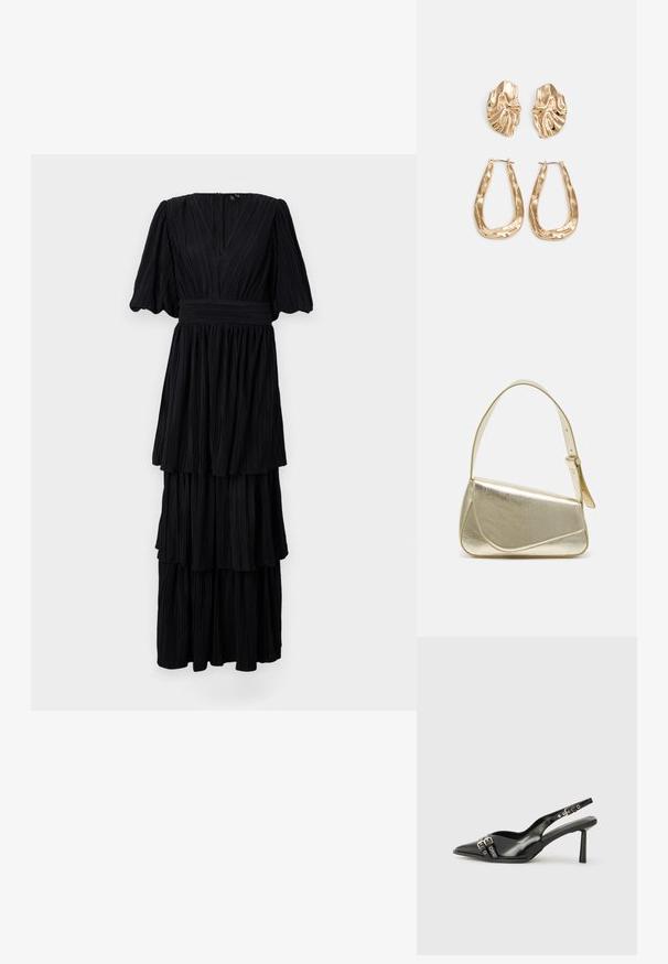 Black pleated maxi dress with a V-neck, short puff sleeves, and tiered design. Smooth texture with subtle vertical lines throughout.; Black patent leather slingback shoe with pointed toe, ankle straps featuring silver buckles and hardware, and a slender heel.; Gold metallic handbag with a structured design, smooth texture, and adjustable strap. Features a unique triangular shape and minimalist stitching.; Gold-tone earrings featuring textured, wavy shapes. Includes sculptural clip-on studs and open hoop design with a hammered finish.
