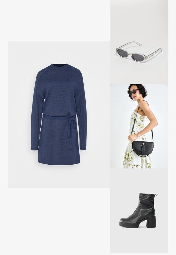 Marineblå strikkekjole med lange ermer, rund hals og belte i midjen. Har ribbestrikkede mansjetter og nederkant for ekstra tekstur.; Svarte ankelstøvler laget av glatt lær, med glidelås på siden, chunky strukturert hæl, og rund tå-design.; Solbriller med oval form, klar plastramme, mørkegrå linser og tynne gjennomsiktige armer med logopunksjoner og minimal detaljering.; Svart lærveske med en buet form, avtagbar stropp og gullbeslag. Vesken har et klaff med spenne-detall.