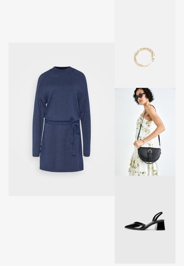 Tumesinine kudumi kleit pikka varrukatega, ümmarguse kaelusega ja vöödega taljel. Omab soonikuid mansettide ja äärte jaoks, et lisada tekstuuri.; Mustad musta lakknahk kingad, millel on terav varvas ja geomeetriline plokkkonts. Omab elegantselt minimalistlikku disaini ja sujuvat tekstuuri.; Mustmust mustraha kõverate joontega, eemaldatava rihmaga ja kuldsete detailidega. Kotil on klapp, millel on pandladetail.; Kuldtoonis sõrmus, millel on orgaaniline, keerdunud disain sileda tekstuuri ja kitsenevate otstega, luues kaasaegse skulptuurilise välimuse.