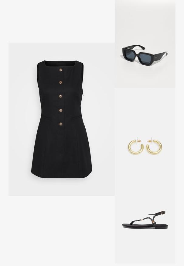 Musthave musta ilma varrukatega kleit ruudu kujulise kaelusega, ees nööpidega, kahe küljetaskuga ja struktureeritud siluett, valmistatud sileda kangaga.; Mustad mustad sandaalid, millel on punutud rihmad ja metalline aktsent. Omab reguleeritavat pannal ja lamedat kummitalla mugavuse tagamiseks.; Mustad ümmargused prillid, millel on geomeetriline disain, ristküliku kuju läätsed ja läikiv viimistlus. Ees pole nähtavat brändingut.; Kuldne rõngassõrmused sileda ja läikiva viimistlusega. Ringikujuline disain, millel on väike post ja selge tagumine külg, et tagada kindel kandmine.