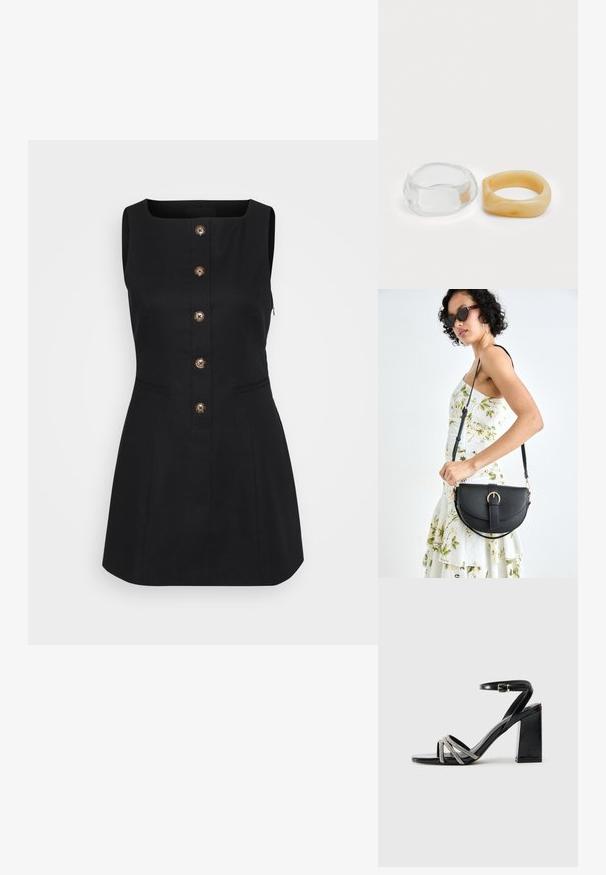 Vestido preto sem mangas com decote quadrado, botões frontais, dois bolsos laterais e silhueta estruturada, feito de um tecido suave.; Sandália preta de salto alto com um salto bloco, apresentando uma tira com acabamentos metálicos e três bandas cruzadas na parte dos dedos.; Bolsa de couro preta com forma curva, alça destacável e detalhes em dourado. A bolsa possui uma aba com detalhe de fivela.; Anéis de resina clara e âmbar, um liso e transparente, o outro com um acabamento texturizado em âmbar. Ambos apresentam designs arredondados e robustos.