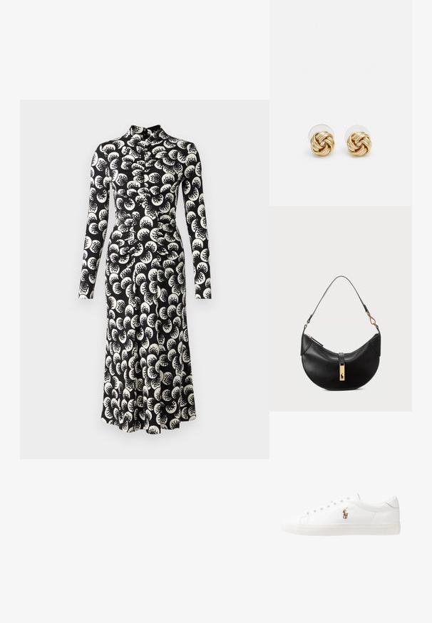 Diane von Furstenberg EMANUELLE DRESS - Vestido de dia - moon landing; Sapatilhas de couro brancas, design de cano baixo, com textura suave, biqueira redonda, atacadores à frente e um pequeno logótipo bordado na lateral.; Bolsa de couro preto em forma de meia-lua. Apresenta um detalhe em metais dourados e uma alça estreita. Textura suave, fechamento em zíper na parte superior.; Brincos de pressão em tom dourado com um design torcido. Cada brinco possui uma base circular transparente para um uso seguro.