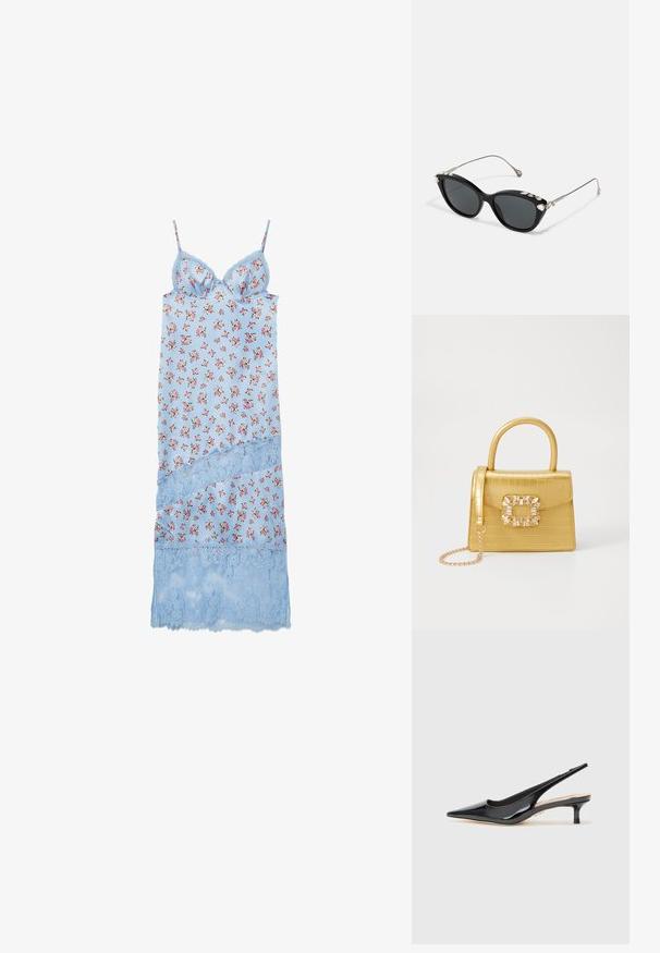 Bluemuster Nachthemd mit zarter Spitzenkante, verstellbaren Spaghetti-Trägern und einer weichen, satinartigen Textur. Mit Blütenmuster im gesamten Kleidungsstück.; Schwarze Lackleder-Slingback-Pumps mit spitzem Sockel und schlankem, mittelhohem Absatz. Glatte Textur mit minimalistischen Designelementen.; Schwarze Cat-Eye-Sonnenbrille mit grauen Gläsern, ausgestattet mit einem Metallrahmen und dekorativen Strasssteinen entlang der oberen Kante. Minimalistisches Design mit eleganten Linien.; Gelbe Kunstleder-Handtasche im Krokodil-Look mit strukturiertem Design, Obergriff, abnehmbarem Kettenriemen und dekorativer Kristallverzierung am Verschluss.