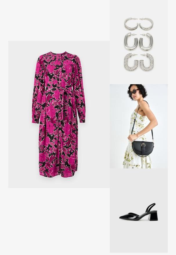 Ziedu kleita ar garām piedurknēm un apaļu kakla izgriezumu, ar melnu fonu, kuru rotā lielas rozā ziedu, un jostu, kas sasieta ap vidukli.; Melna lakota āda ar atvērto papēdi, ar smailu purngalu un ģeometrisku blokpapēdi. Iezīmējas elegants, minimāls dizains un gluda tekstūra.; Melnas ādas rokassoma ar izliekta formu, noņemamu siksnu un zelta aksesuāriem. Somai ir vāciņš ar sprādzes detaļu.; Četras sudraba auss gredzeni: divi spīdīgi gludi riņķi, viens ar struktūru, un viens, kas pārklāts ar maziem caurspīdīgiem rhinestones.