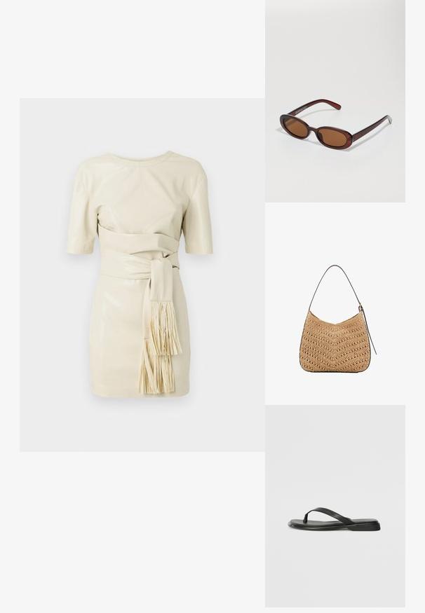Krémové kožené šaty s krátkymi rukávmi, priliehavou korzetou a viazaním v páse s detailom strapcov. Hladká textúra a minimalistický dizajn.; Čierne šľapky vyrobené z hladkej kože, s tenkým pásikom a plochou podrážkou s minimalistickým profilom. Bez výrazných vzorov alebo akcentov.; Okrúhle slnečné okuliare s hnedým nádychom a lesklým burgundským rámom. Úzke ramená s jemným brandovaním. Plochej šošovky dizajn.; Tkaná slamenná ramenná taška s zakriveným tvarom, vybavená tmavou koženou rukoväťou a textúrovaným povrchom s vzorom v tvare chevron.