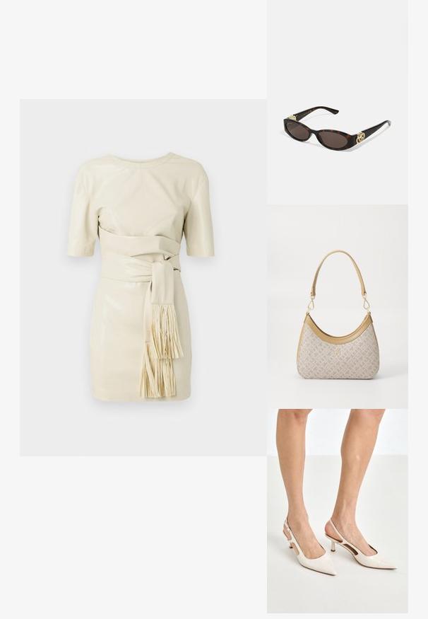 Kremowa skórzana sukienka z krótkimi rękawami, dopasowanym gorsetem i wiązaniem w talii z frędzlami. Gładka tekstura i minimalistyczny design.; Beżowe lakierowane szpilki z odkrytą piętą, zakończone spiczastym noskiem i 5 cm obcasem, z wyciętymi bokami oraz cienkim paskiem na kostce.; Słoneczne okulary w kolorze żółwi z wydłużonymi owalnymi soczewkami, brązowym odcieniem, złotymi akcentami logo na zausznikach oraz smukłymi czarnymi ramionami.; Beżowa torebka w wzory o zakrzywionym kształcie, z skórzanymi akcentami i złotym logo z przodu. Posiada krótki uchwyt, co ułatwia noszenie.