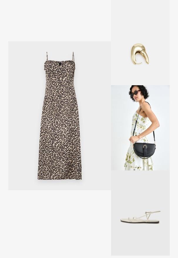 Maxiklänning med leopardmönster som har tunna justerbara axelband, en åtsittande bodice och en flödande kjol gjord av lätt material.; Beige platt sandal med flera smala remmar och ett justerbart spänne. Sulan är platt med en lätt mörk kontrast vid kanten.; Svart läderhandväska med en böjd form, avtagbar rem och guldiga detaljer. Väskan har ett lock med en spänndetalj.; Örhänge i guldtonad metall med en elegant, böjd design. Har en distinkt spetsig form, polerad yta och gångjärnslås.