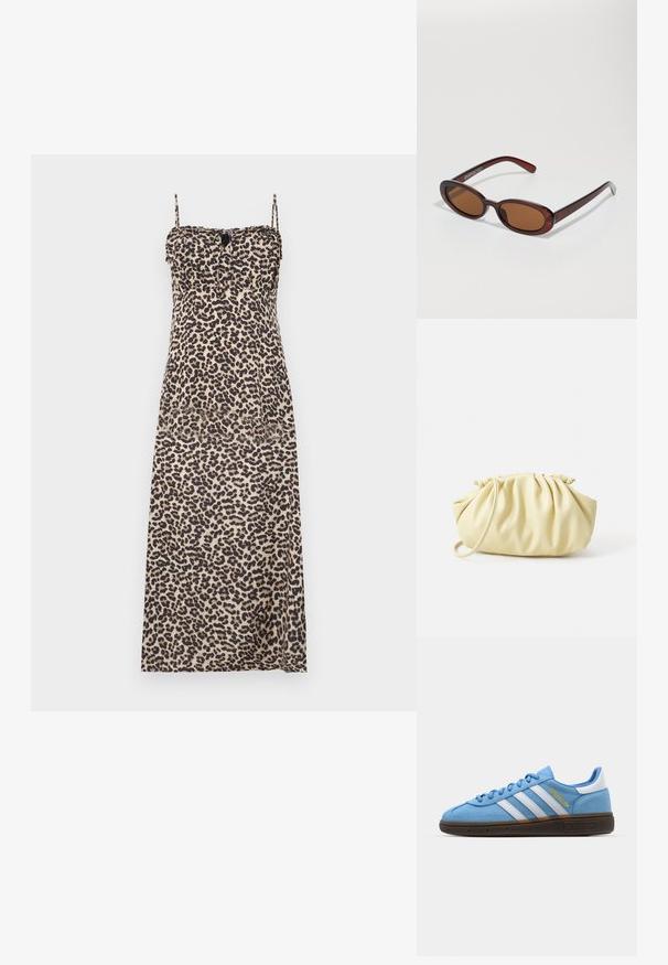 Maxi šaty s leopardím potiskem, tenkými nastavitelnými ramínky, přiléhavým korzetem a splývavou sukní vyrobenou z lehkého materiálu.; Světle modré semišové tenisky s bílými koženými pruhy, hnědou texturovanou podrážkou a zlatým logem. Nízký design s zaoblenou špičkou.; Kulaté sluneční brýle hnědé barvy s lesklým burgundským rámem. Úzké nožičky s jemným logem. Rovné čočky.; Žlutá skládací kabelka vyrobená z hladké umělé kůže, s jemným tvarem, jedním ramenním popruhem a designem s nařaseným vrškem.