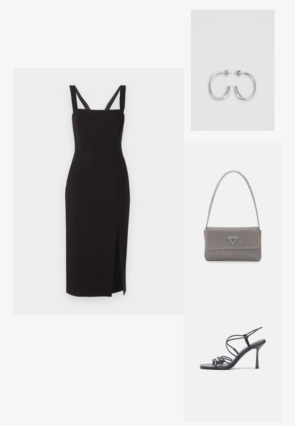 Melnā pieguļošā midi kleita ar kvadrātveida dekoltē, platām plecu siksnām un sānu šķēlumu. Izgatavota no gludas auduma, tā izceļ elegantu siluetu.; Melnas augstpapēžu sandales ar plāniem siksniņām un mezgla dizainu, gluda kvadrātveida purngalu un elegantu stiletto papēdi.; Gaiši pelēka metāla rokassoma ar ķēdes siksnu, rotāta ar mazām apaļām metāla kniedēm un trīsstūra zīmola logo.; Sudraba riņķveida auskari ar gludu, spīdīgu apdari. Apaļas formas, viegla dizaina, ar aizdari uz stieples.
