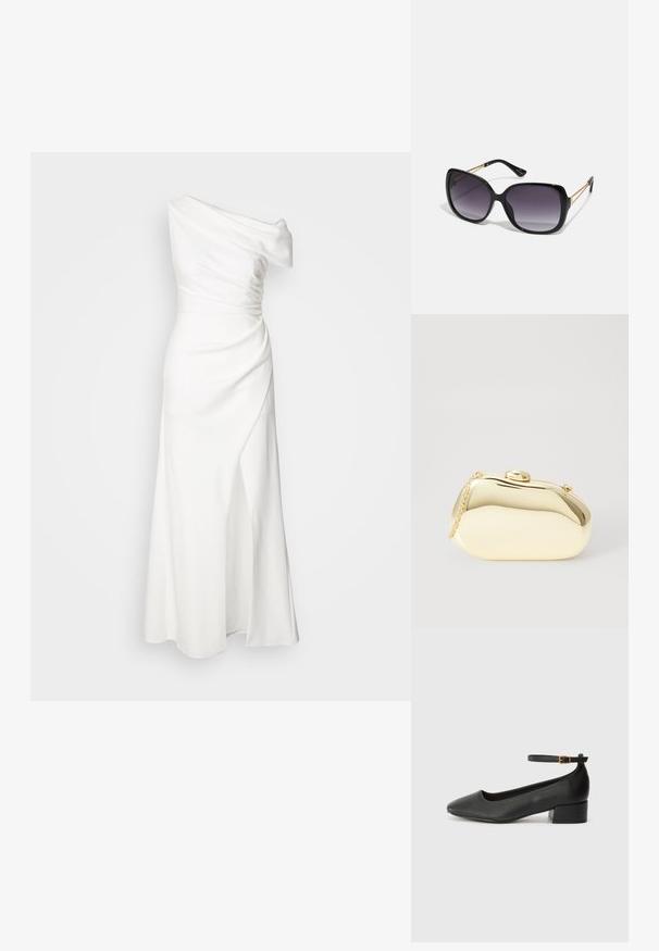 En-skulder hvit kjole med drapert stoff, tettsittende midje og sideåpning. Glatt tekstur og gulvlengde, som skaper en elegant silhuett.; Sorte skinnpumper med spiss tå og lav blokkhelt. Har ankelrem med gullfarget spenne. Glatt tekstur.; Sorte oversized solbriller med gradient linser, tykke rammer og detaljering med gulltonekjede på tempelarmene.; Metallisk gull clutch med en glatt, rund form, med en toppknapp-lås og et lite kjede for bæring.