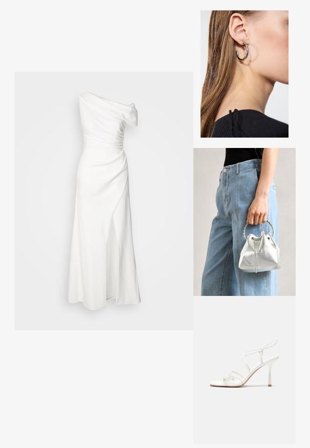 Balta kleita ar vienu plecu, ar plūstošu audumu, cieši piegulošu jostasvietu un sānu izgriezumu. Gluda tekstūra un līdz grīdai garums veido elegantu siluetu.; Baltas striķu augstpapēžu sandales ar plakanu pirkstu daļu, teksturētu priekšpusi ar saveltiem akcentiem un šauru potītes siksniņu.; Metāliskā sudraba somiņa ar teksturētu apdari, rotāta ar sudraba apaļu rokturi un aukliņu aizdari, turēta pretī gaišziliem džinsiem.; Sudraba auskars ar pulētu apdari, ar maziem zelta akcentiem un apaļu formu, uz ausu ļipiņas.