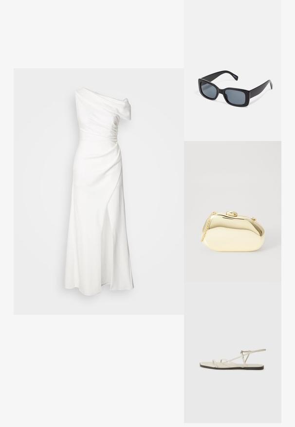 Vestido branco de um só ombro com tecido drapeado, cintura ajustada e uma fenda lateral. Textura suave e design até ao chão, criando uma silhueta elegante.; Sandália plana bege com várias tiras finas e uma fivela ajustável. A sola é plana com um leve contraste escuro na borda.; Óculos de sol retangulares pretos com lentes escuras, armação de plástico espessa e hastes largas. Superfície lisa e design angular.; Clutch metálico dourado com uma forma suave e arredondada, apresentando um fecho de botão superior e uma pequena alça em corrente para transporte.