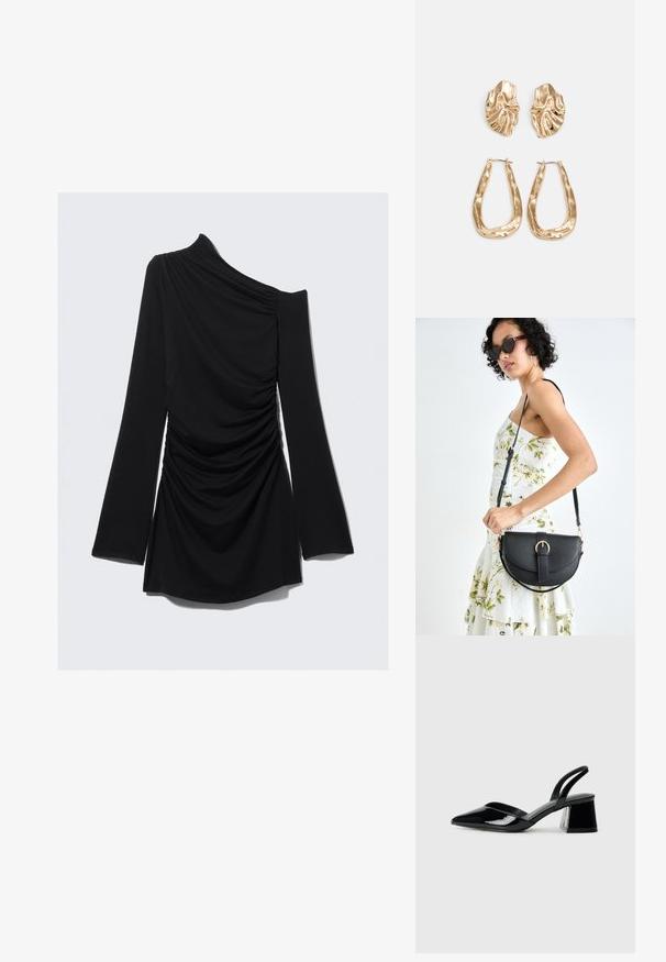 Svart langermet topp med én skulderdesign, med samlet tekstur og glatt stoff, utsnitt i midjen med utvidede ermer.; Svarte patentlær slingback hæler med spiss tå og geometrisk blokk hæl. Har et stilrent, minimalistisk design og jevn tekstur.; Svart lærveske med en buet form, avtagbar stropp og gullbeslag. Vesken har et klaff med spenne-detall.; Gullfargede øredobber med teksturerte, bølgete former. Inkluderer skulpturelle klipsstuds og åpen hoop-design med en hamret finish.