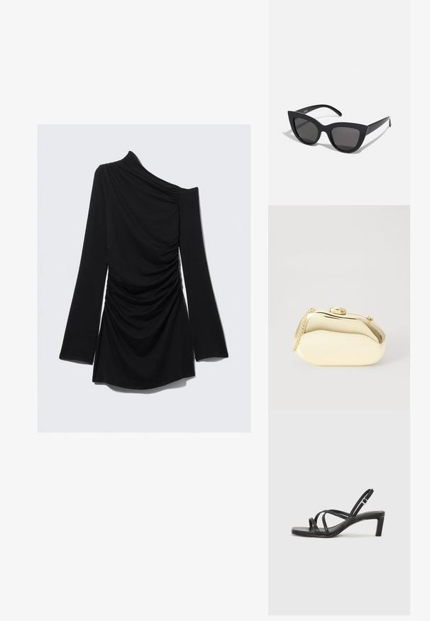 Črn dolg rokav s krojem z enim ramenom, ki se ponaša z nabranimi detajli in gladkim materialom, s krojem ob pasu in razširjenimi rokavi.; Črne natikače s trakovi in kvadratnim prstom ter nizkim blokastim peto. Imajo več tankih trakov in nastavljiv trak okoli gležnja. Narejene so iz gladkega usnja.; Črne mačke-oko sončna očala z mat zaključkom, ki imajo sive tonirane leče, ostre kote in eleganten stranski del. Ime blagovne znamke je vidno na notranjem ročaju.; Metalna zlata torbica z gladko, zaobljeno obliko, opremljena z zgornjim gumbom in majhnim verižnim ročajem za nošenje.